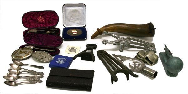 LARGE BOX OF MISC. ITEMS INCLUDING STERLING SILVER: LARGE BOX OF MISC. ITEMS INCLUDING STERLING SILVER To include: A Strato bank, rocket money bank (working). 2 vintage belt buckles. Horse harness buckles (7). 3 metal boot jacks, all different. Large p