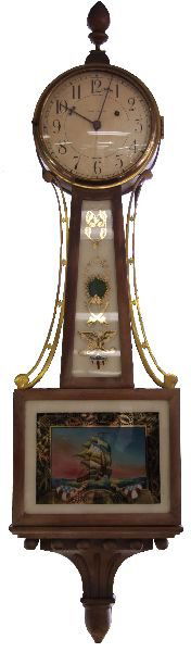 WALTHAM "OLD IRONSIDES" BANJO WALL CLOCK: WALTHAM "OLD IRONSIDES" BANJO WALL CLOCK Key wind wall clock 42 inches tall. Reverse painted lower case with "Old Ironsides" under sail. Key included. Inside of case shows repair/maint. labels from cl