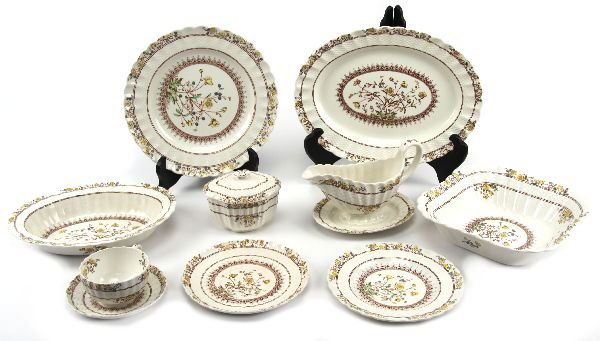 SPODE BUTTERCUP CHINA SET: SPODE BUTTERCUP CHINA SET 11- 10 inch plates, 9- 8 inch plates, 10 cups with saucers, A 15 inch oval platter, A 13 inch oval platter, A covered sugar bowl, A 10 inch oval serving bowl, a gravy boat, a
