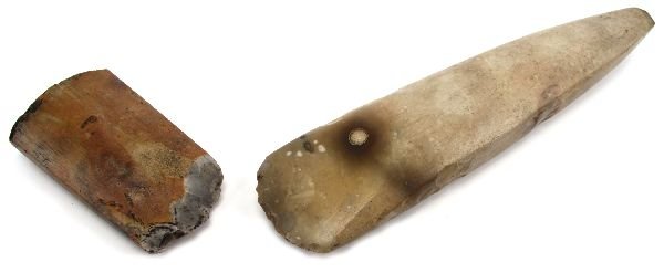 DANISH NEOLITHIC POLISHED SQUARE BUTTED AXE LOT: DANISH NEOLITHIC POLISHED SQUARE BUTTED AXE LOT A polished Danish Neolithic axe along with the center section of another, the larger at 12 inches the lesser at 5, from the Scott Young collection acqui