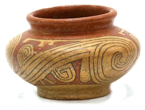 MAYAN GUATEMALA POLYCHROME POTTERY VESSEL: MAYAN GUATEMALA POLYCHROME POTTERY VESSEL A pre Columbian pottery vessel decorated polychrome design Mayan Guatemala from the Scott Young estate collection, some polychrome loss to the rim , free of c