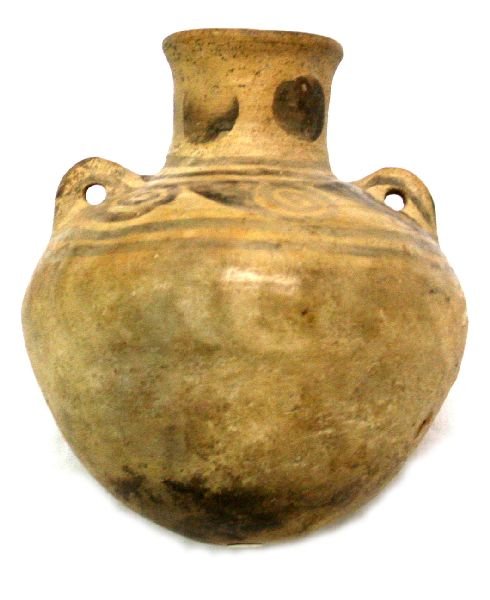 YUCATAN MAYAN BLACK & WHITE POTTERY VESSEL: YUCATAN MAYAN BLACK & WHITE POTTERY VESSEL A vessel of typical Mexico Yucatan peninsula Mayan, painted black & white design, 2 hole carrier water bottle, damage free measuring 8 inches. EST. $300 - 50