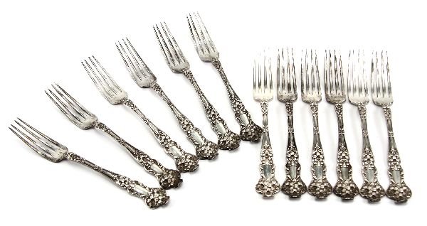 WATSON STERLING SILVER BRIDAL FLOWER DINNER FORKS: WATSON STERLING SILVER BRIDAL FLOWER DINNER FORKS Lot of (12) 7.25 inch Watson Bridal Flower pattern dinner forks. 14.37 ozt. EST. $300 - 500