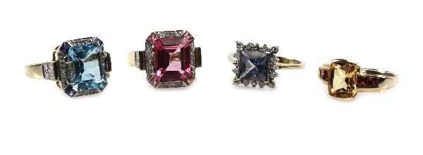 DEALER'S LOT 4 RINGS DIAMONDS TOPAZ SAPPHIRES GOLD: DEALER'S LOT 4 RINGS DIAMONDS TOPAZ SAPPHIRES GOLD Size 6 1/2 diamond, pink topaz and sapphire ring, 8.11 TCW set in 14K yellow gold. Size 7 1/4 14K yellow gold ring with garnets and citrine, 3.47 TCW