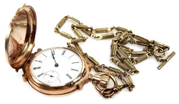 B.W.C. CO 14K YELLOW GOLD POCKET WATCH W/ CHAIN: B.W.C. CO 14K YELLOW GOLD POCKET WATCH W/ CHAIN 35mm B.W.C. Co 14K yellow gold pocket watch with engraving "HN" on exterior and "Albert to Leonor" on the interior. Watch features a white face with bla