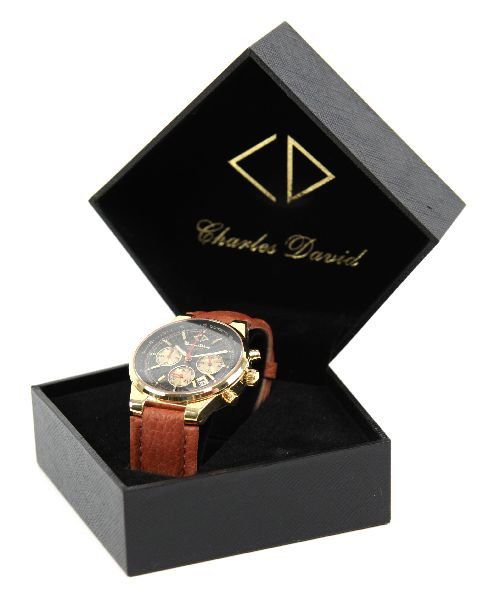 MENS MAGMA GSS WRISTWATCH W/ BUFFALO LEATHER BAND: MENS MAGMA GSS WRISTWATCH W/ BUFFALO LEATHER BAND A men's Charles David Magma GSS chronograph wristwatch with 18K gold ion plated case measuring 39 mm, quartz movement, authentic carbon fiber dial, pr