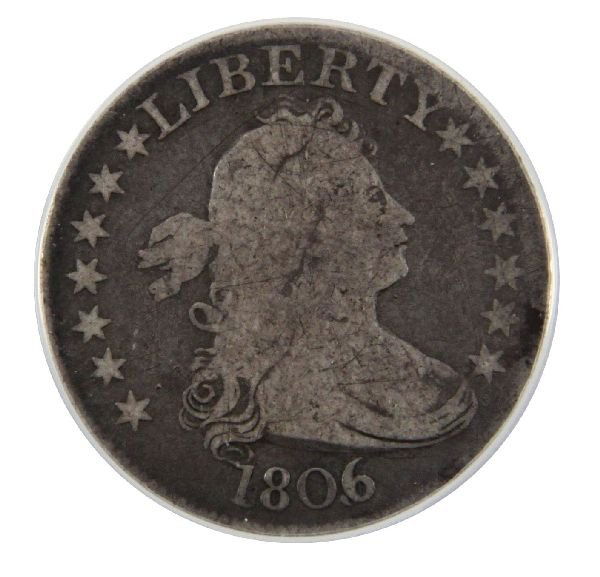 1806/5 25¢ BIG DRAPED BUST QUARTER ANACS G6: 1806/5 25¢ BIG DRAPED BUST QUARTER ANACS G6 A desirable "big" draped bust quarter. 1806/5 ANACS encapsulated G6. EST. $375 - 500