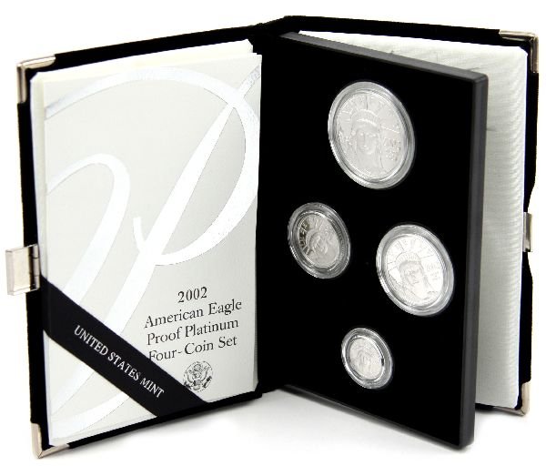 2002 PLATINUM PROOF AMERICAN EAGLE 4 COIN SET: 2002 PLATINUM PROOF AMERICAN EAGLE 4 COIN SET American Eagle Platinum 4 coin set in proof as issued by the U.S. Mint 1.85 ounce troy in total weight of Platinum. EST. $2700 - 4000