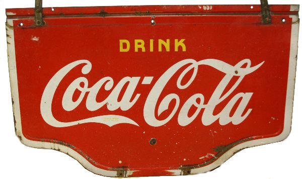 VINTAGE METAL COCA-COLA ADVERTISING SIGN: VINTAGE METAL COCA-COLA ADVERTISING SIGN Double sided, hanging, sidewalk, metal sign from circa 1960. Measuring 5 x 3 feet. Some light wear and rust to areas. EST. $400 - 800