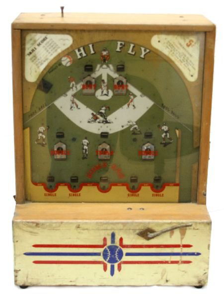 1946 CENTRAL MFG. "HI FLY" BASEBALL GAME: 1946 CENTRAL MFG. "HI FLY" BASEBALL GAME A play station predecessor? This nickel eater is a joy to play even today. It stands 22 inches tall, 16 inches across and 10.5 inches deep. Spring lever launch