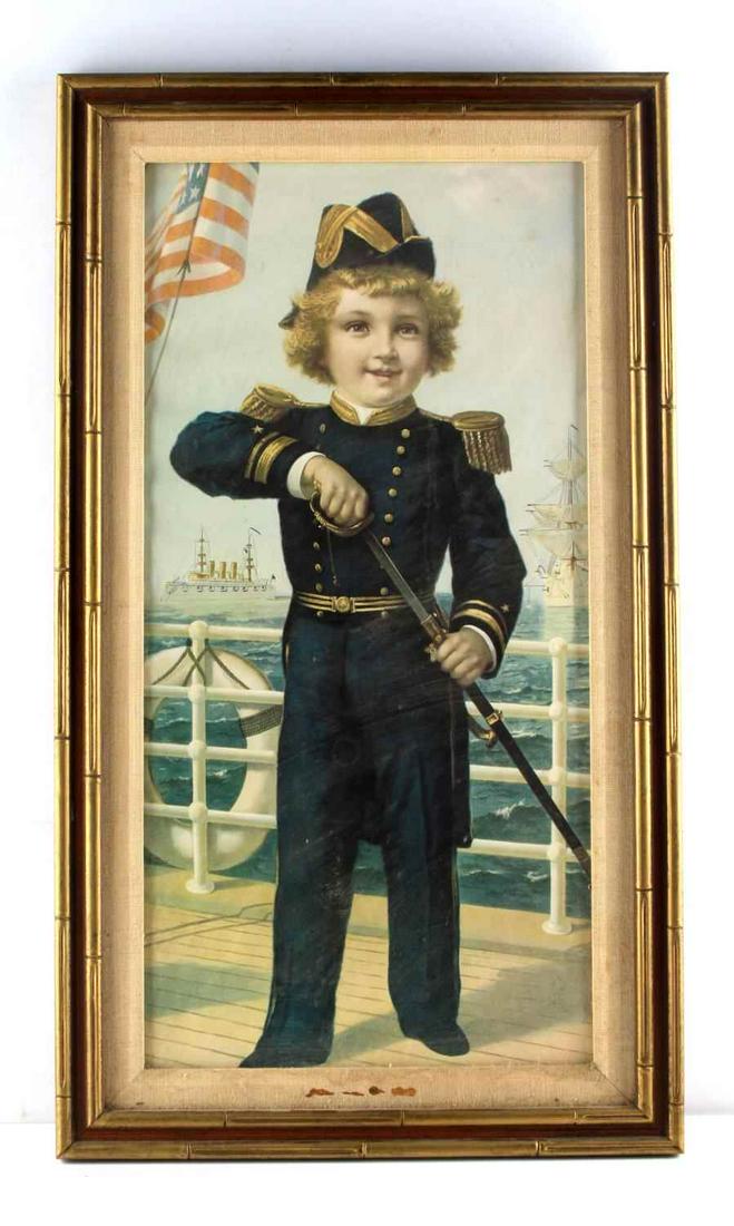 ANTIQUE LITHOGRAPH BOY DRAWING SWORD IN UNIFORM: Spanish American War ship harbor background, in more recent frame, measures with frame 16 by 27, very good original condition.