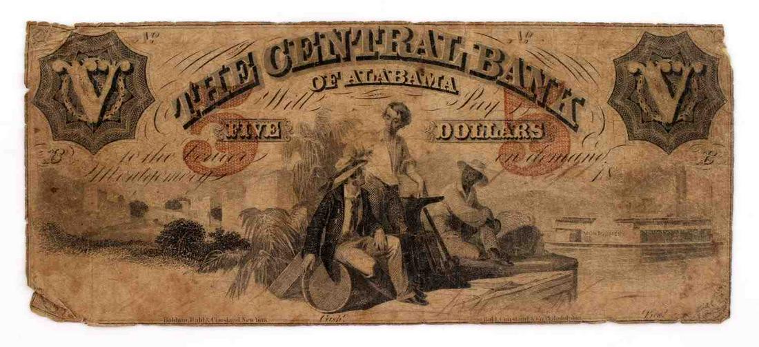 OBSOLETE CURRENCY NOTE 1850S ALABAMA 5 DOLLARS: One 5 dollar note, Central Bank of AlabamaMontgomery, Alabama, 1850s. Obverse Image: A man seated on a barrel, a mechanic with an anvil and an African American man seated on wharf with the steamship M