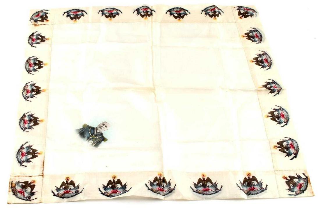 19TH CENTURY PRESIDENT PORFIRIO DIAZ SILK SCARF: Antique silk scarf (18x18 inches) bordered by Mexico's Eagle over a cactus atop a military camp scene. It features a portrait of General Porfirio Diaz (1830-1915) the 33rd President of Mexico.