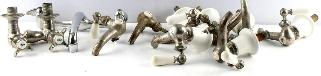 ANTIQUE STANDARD PORCELAIN SINK FIXTURE LOT: The single faucet fixture is complete, one hot and cold handles are complete, balance are singles or have some damage, as photographed.
