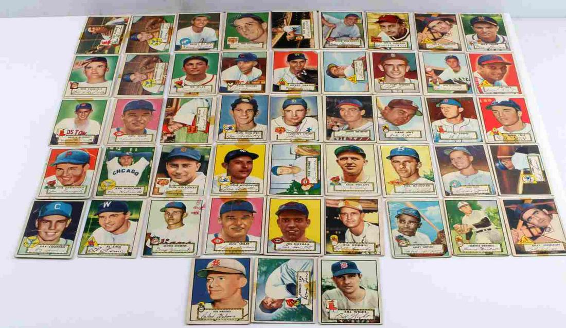 SET OF 49 GOLDEN AGE 1952 TOPPS BASEBALL CARDS: Set of 49 "Golden Age" 1952 Topps baseball cards. Varying condition but most cards are in fair, collectible condition. Mostly minor stars with no Mickey Mantle, Willie Mays, Yogi Berra or Andy Pafko. 