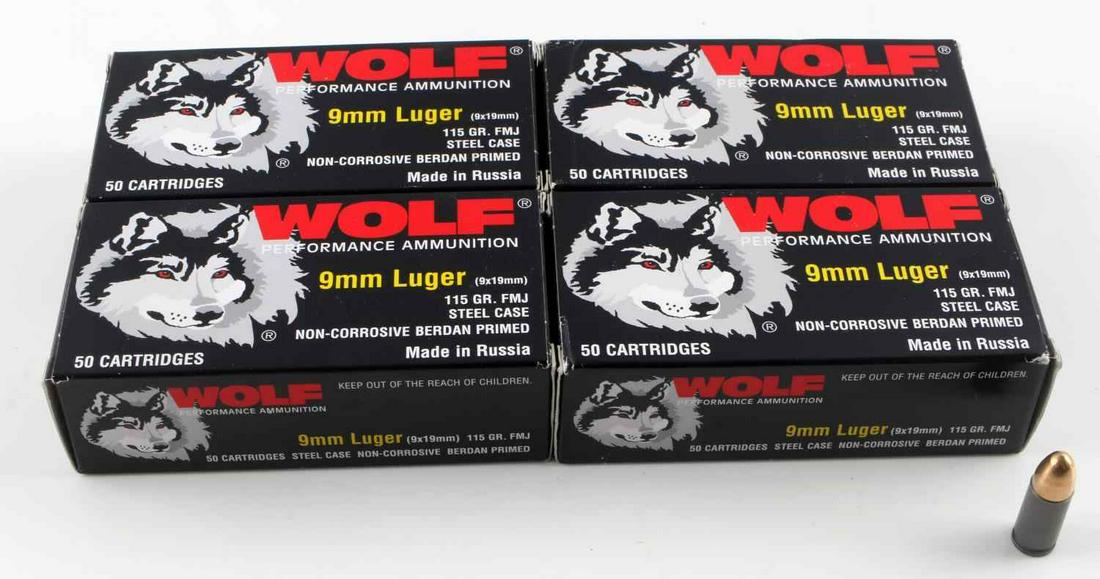 200 RDS WOLF 9MM LUGER AMMO RUSSIAN NEW IN BOX: 4 boxes of 50 rds each, 115 grain FMJ, steel case, Berdan primed. Made in Russia.