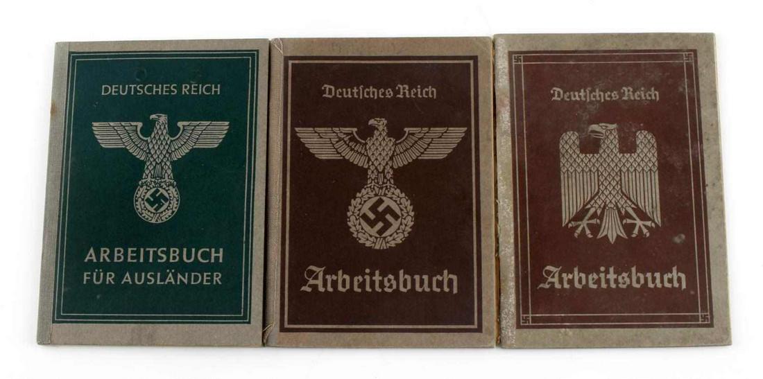 3 WWII GERMAN THIRD REICH ARBEITSBUCH ID BOOKS: Group of 3 WWII German Arbeitsbuch identification books. Measure approximately 4.25 X 6 inches. Very good condition with the exception of some fraying to the spines. Unauthenticated; sold as is. This 
