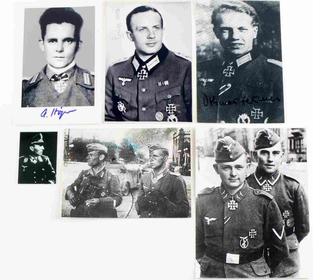 WWII GERMAN SIGNED PHOTOS OF IRON CROSS RECIPIENTS: WWII German third Reich lot of 6 signed photos of iron cross recipients to include Thro Kroj, Theodor Hopf, Ahrend Hoper, Friedrich August Freiherr von der Heydte, Othmar Hermes, and Erich Heintze. Si