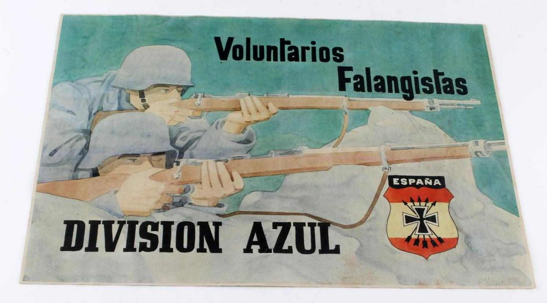 WWII THIRD REICH SPANISH COLLABORATOR POSTER AZUL: The Blue Division (Spanish: División Azul) was a unit of volunteers from Francoist Spain within the German Army (Wehrmacht) on the Eastern Front during World War II (the Russian Campaign of 1941-1944