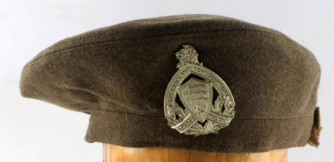 VIETNAM GREEN WOOL BERET ESSEX BUFFALO HAT SIZE 7: Green wool cap with Essex and Kent Scottish cap badge. Label to inside with year 1967 and size 7. Very good condition.