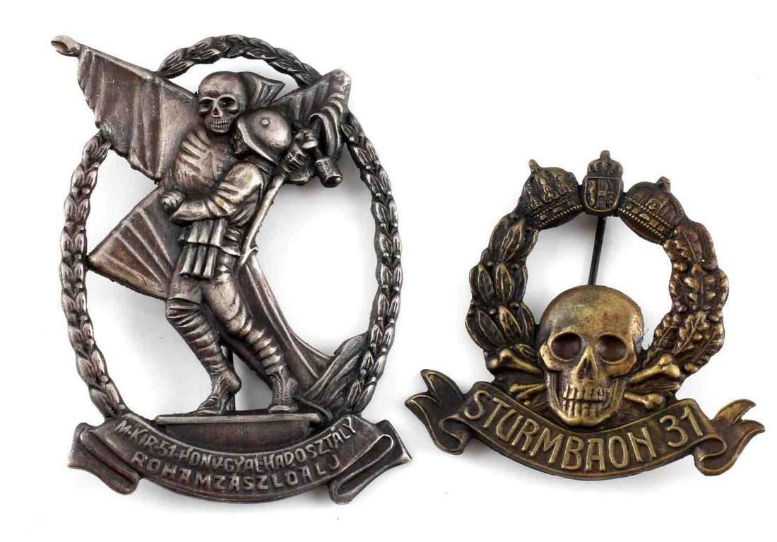 WWI AUSTRIAN MONARCHY STORM TROOPER BADGES: WWI Austrian Monarchy storm trooper badge for Troop 51 of the home guard with skeleton holding soldier (2 1/2 inches) and troop 31 with skull under monarchy crests (1 3/4 inches). Very good condition.