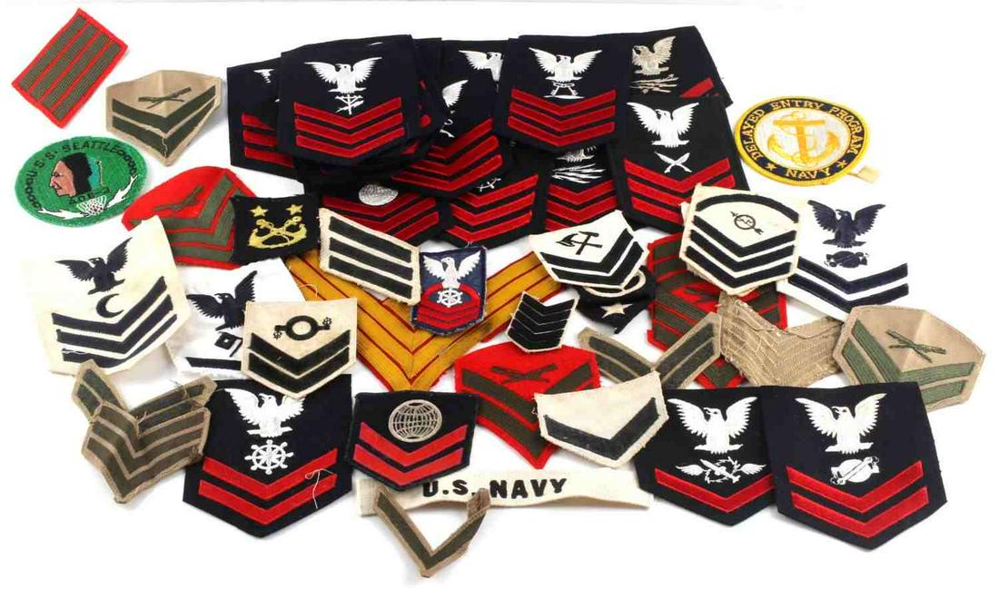 WWII MILITARY US NAVY & USMC PATCH LOT OF 55: Includes many rank chevrons, US Navy title, Delayed Entry Program, different job patches, and more. Good condition.