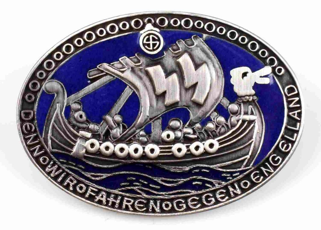 WWII GERMAN REICH WAFFEN SS VIKING PIN BADGE: WWII German Reich waffen SS "viking" pin badge measuring 1 1/4 inches tall by 1 3/4 inches wide. Reverse side features a horizontal pin back, and is marked "GES. GESCH". Unauthenticated, sold as is.