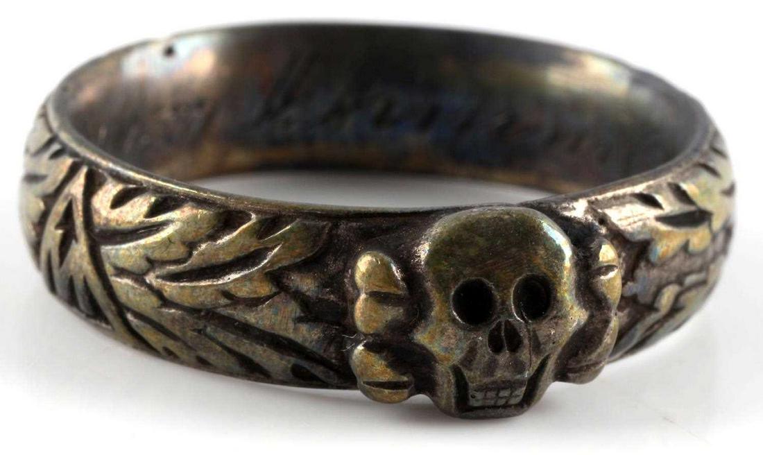 WWII GERMAN THIRD REICH SS HIMMLER HONOR RING: Third Reich Himmler honor ring. Real silver and weighs 10.5 grams. Size 12.5. Very good condition. Unauthenticated, sold as is. This lot has a reserve.