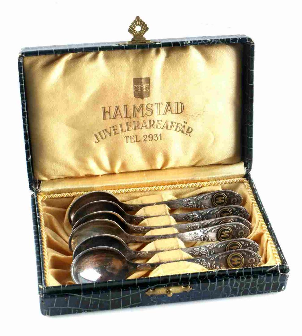 WWII GERMAN SET OF WAFEN SS TEA SPOONS IN CANTEEN: WWII German third Reich set of Waffen SS tea spoons from SS officer's canteen. 6 tea spoons in total, marked "3UID" & MHUU1-90", measuring 4 3/16 inches long, and have a raised "SS" emblem on top. The