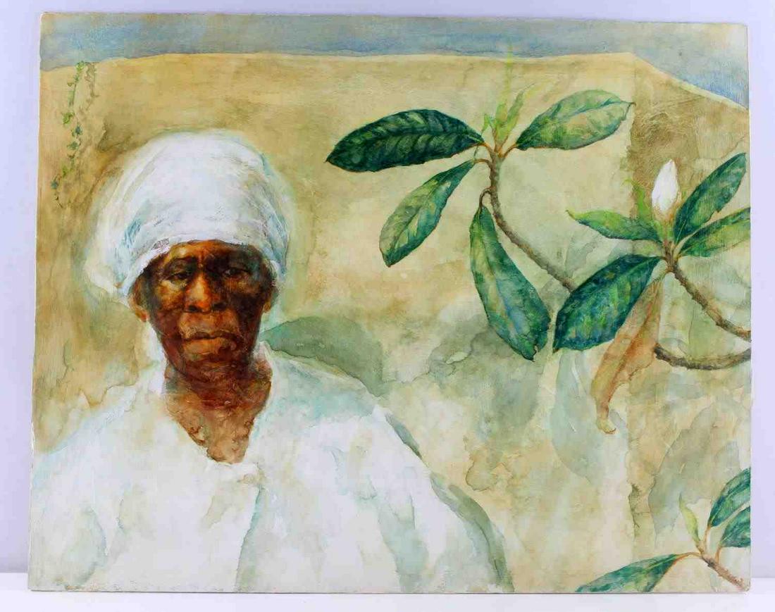 ALICE SCOTT SCANLAND BLACK AMERICANA PORTRAIT: Original portrait by Alice Scott Scanland (1924-2005), American (Charleston, SC & Florida) artist best known for her depictions of the American South and Black Americana. Watercolor on gesso canvas bo