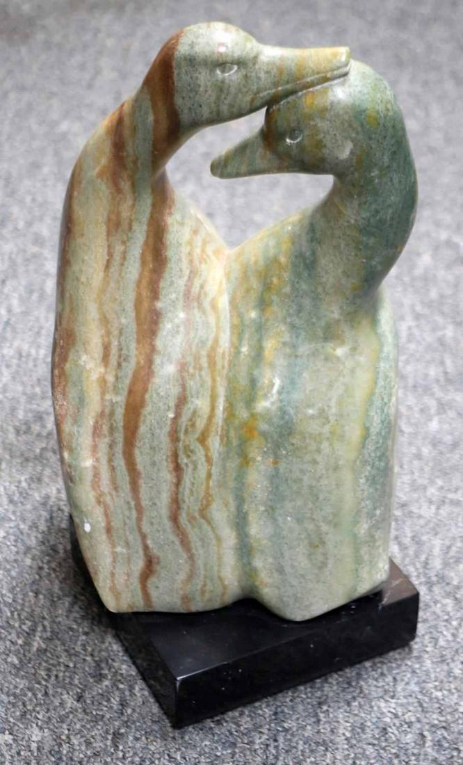 HURST MODERN ART WATER FOWL MARBLE STATUE: Ralph N. Hurst (American, 1918-2003) modernist sculptor and educator with 27-year tenure as Professor of Art at Florida State University. Large marble goose and gander with moss/sage green and terra c
