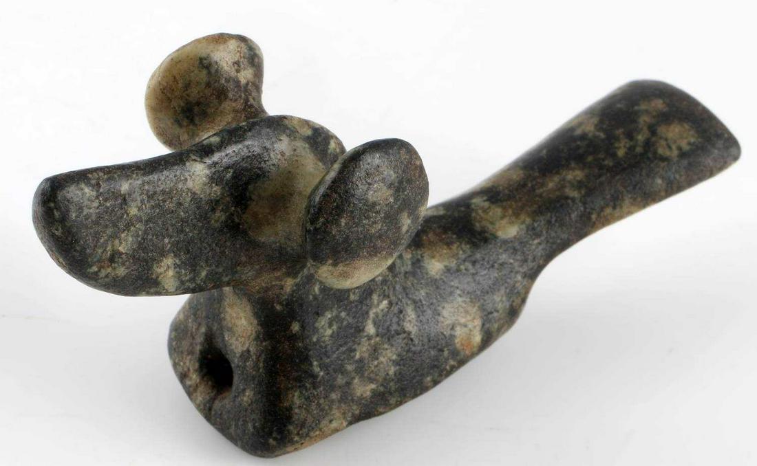 NATIVE AMERICAN PORPHYRY POPEYE BIRDSTONE: Native American artifact Popeyed Porphyry birdstone from Cass County Michigan, length 4 inches, height 2 inches, width 1 1/2 inches.