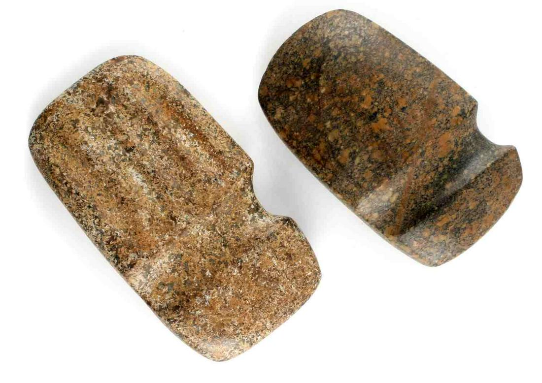 NATIVE AMERICAN 3/4 GROOVE STONE AXE LOT OF 2: Lee County Mississippi found 3/4 groove and ribbed stone axe length 6 3/4 inches width 3 3/4 inches. Also a Henry County Iowa found 3/4 groove granite stone axe 6 X 3 3/4 inches. both in good conditio