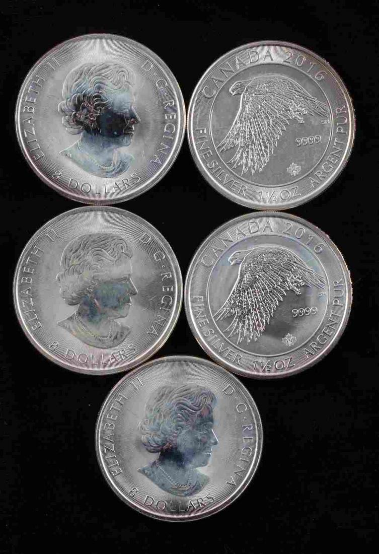 FIVE 1 1/2 OUNCE CANADIAN MAPLE LEAF SILVER COIN: Lot of 5 Brilliant uncirculated, .9999 fine silver coins, 1 1/2 ounces each.