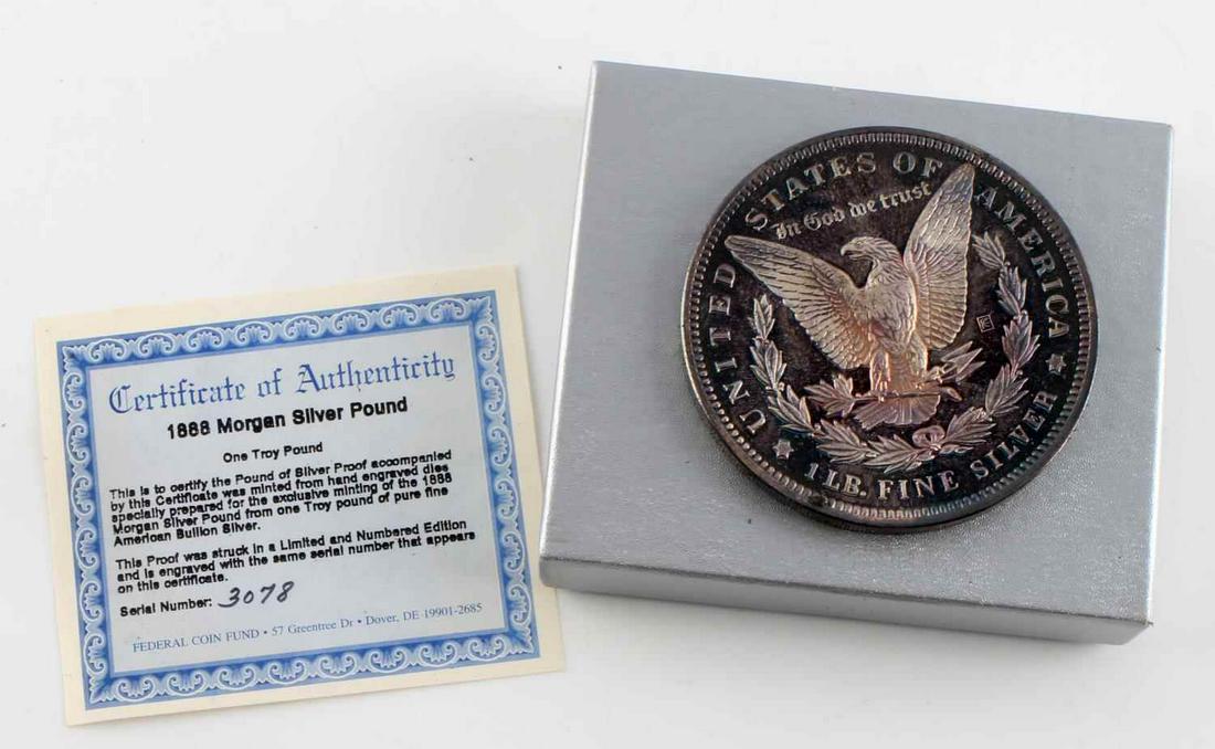 1 TROY POUND FINE SILVER COIN 1888 MORGAN DESIGN: 1 Troy Pound (12 troy oz) Morgan Dollar Design .999 Fine Silver Coin with case toning throughout and Federal Coin Fund Certificate of Authenticity.