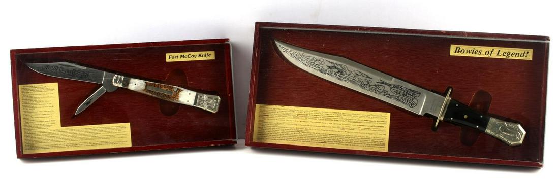BOWIES OF LEGEND BOWIE KNIFE AND LOCKBACK KNIFE: Parker Cut co. Bowie knife engraved "Land of Freedom, the patriots, self defender, protected by her brave volunteers". Measures 14 1/2 inches. Knife is cased in a fitted slide box measuring 7x16 inche