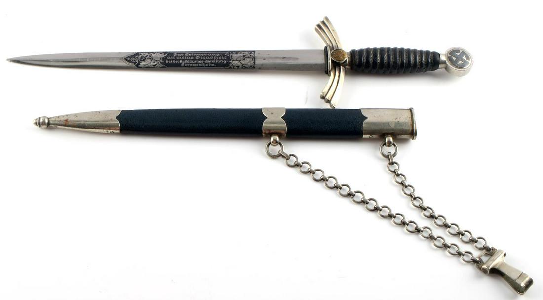 CLEMENT & JUNG SOLINGEN 1ST MODEL LUFTWAFFE DAGGER: Measures 17.5 inches (11.75 inch blade). With rare, double etched blade. "Clement & Jung Solingen" maker mark to blade. Good to very good overall condition with some obvious areas of rust and wear. Go