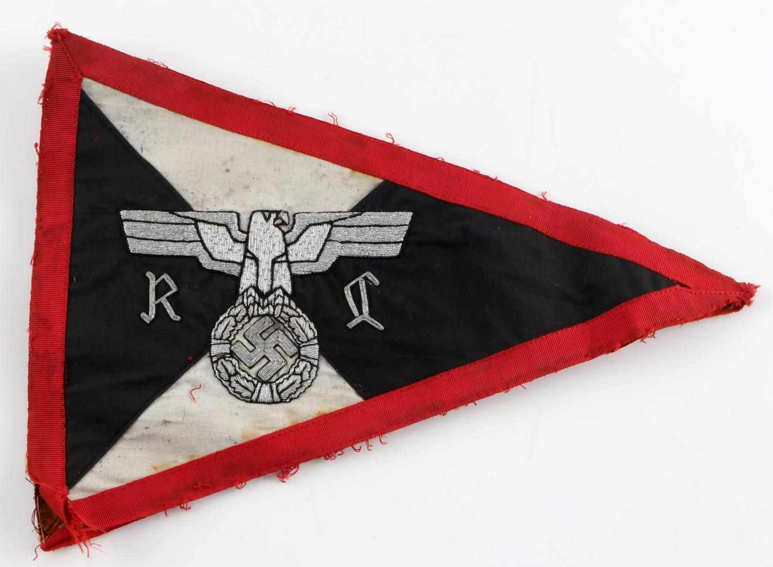 WWII GERMAN NSDAP THIRD REICH LEVEL AUTO PENNANT: Double sided banner has been split open to remove metal framing, but is attached at the tip. Moderate to heavy wear throughout. Parts of banner fluoresce under blacklight. Measures 12 X 9 inches at wi