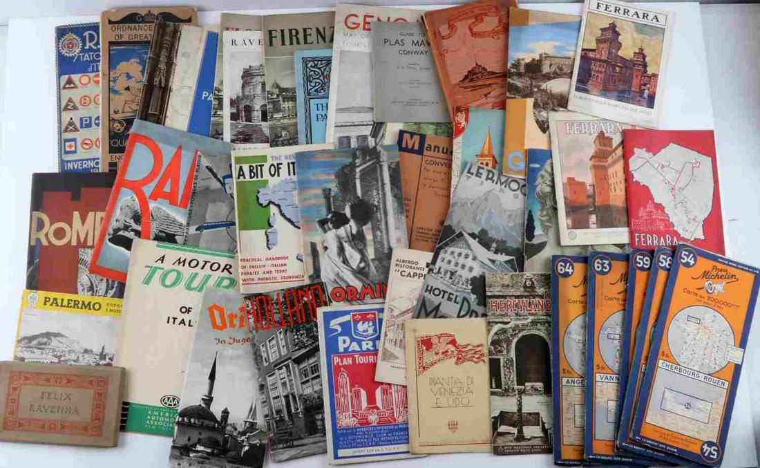 ASSORTED LOT OF VINTAGE MAPS & TOUR GUIDES EUROPE: Some of the titles include: Ordinance Survey of Great Britain 4th Ed., RACI Stato delle Strade d'Italia, Genoa, Florence, Gorizia, Tourist's Guide to Mont St Michel, The Dvcal Palace of Venice, Felix 
