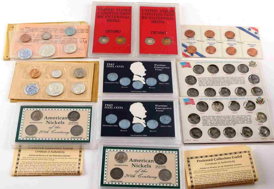 COIN SET COLLECTION WAR NICKELS SILVER PROOF SETS: Type coin collection consisting of 2 sets of 2 sterling bicentennial constitution medals, 1957 and 1961 silver U.S. Proof sets as issued by the mint, 2 sets of BU war time steel cents, 2 sets of war t