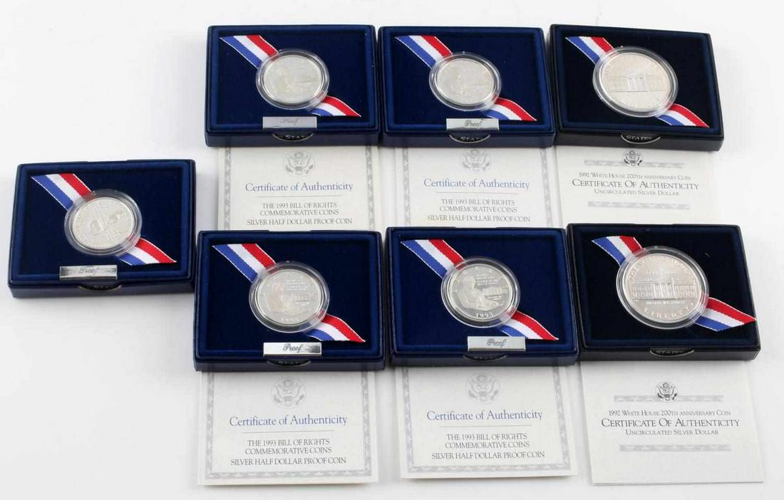 7 SILVER COMMEMORATIVE COINS BILL OF RIGHTS WHITE: All as issued by the U.S. Mint 5 90% silver Bill of Rights halves, and 2 silver dollar White House 200th Anniversary coins.