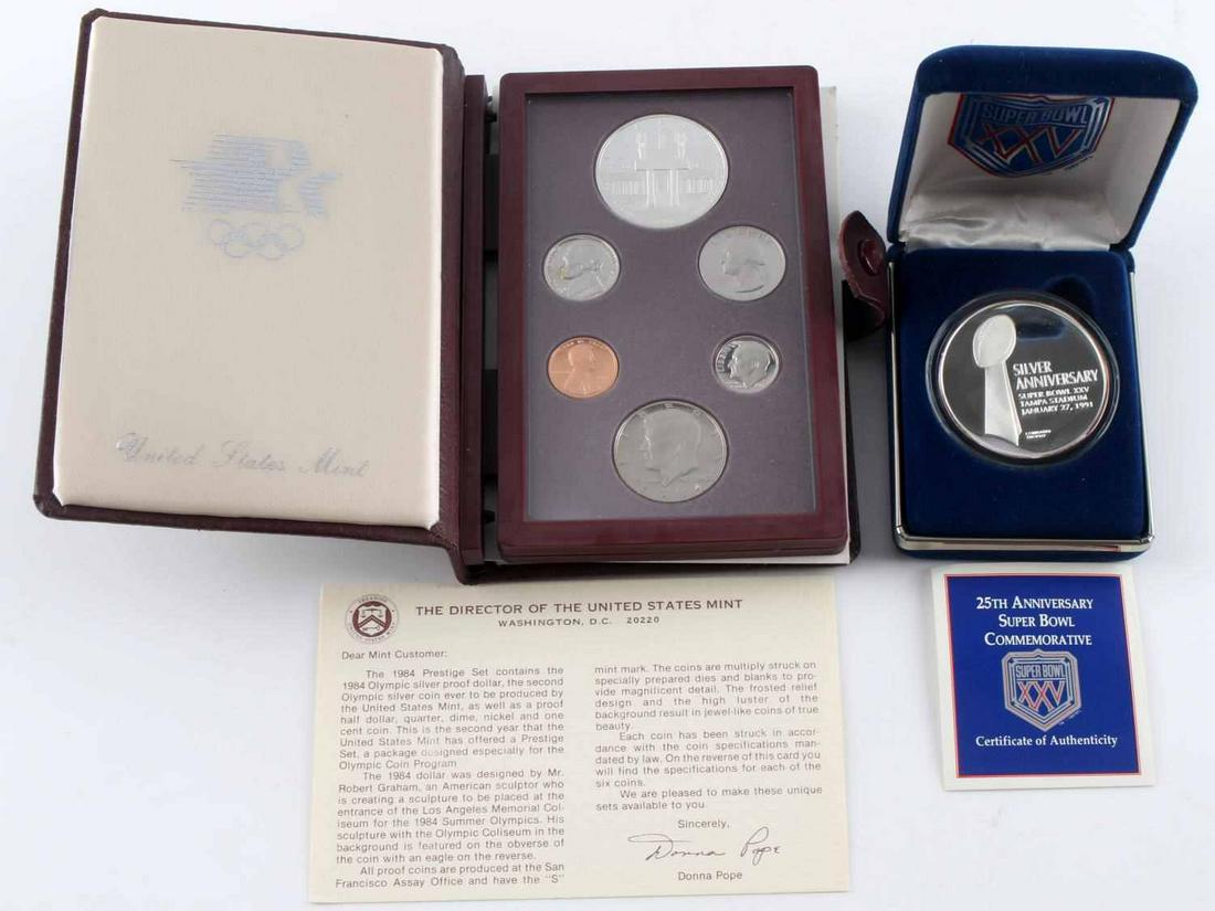1994 OLYMPIC SILVER PRESTIGE SET & 25TH SUPER BOWL: The Super Bowl Commemorative is 2 OZ .999 fine silver, the Prestige set has silver dollar balance clad.