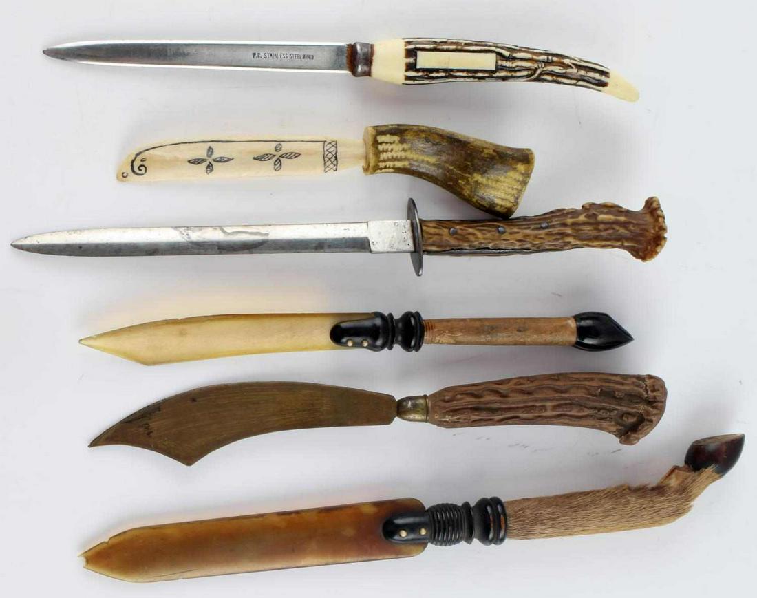ANTLER BONE & DEER THEMED ANTIQUE LETTER OPENERS: Lengths range between 8 and 11 inches. Lucite, antler and stainless blades, in various conditions.