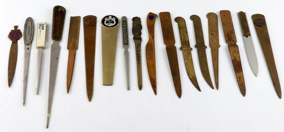 15 VINTAGE & ANTIQUE ADVERTISING LETTER OPENER: Lot of 15 Banking, Insurance, and Legal advertising and such letter openers includes Burroughs Adding Machines, Clarence O'Brien Lawyer, Walker Taylor, Pacific Mutual, Lions and more. Various conditio