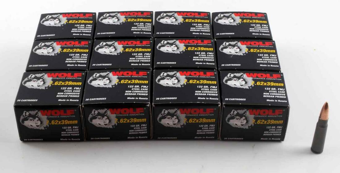 240 RDS WOLF 7.62 X 39 MM NEW IN BOX AMMO RUSSIAN: 12 boxes of 20 rds each, 7.62 X 39 mm, 122 grain, FMJ steel rounds.