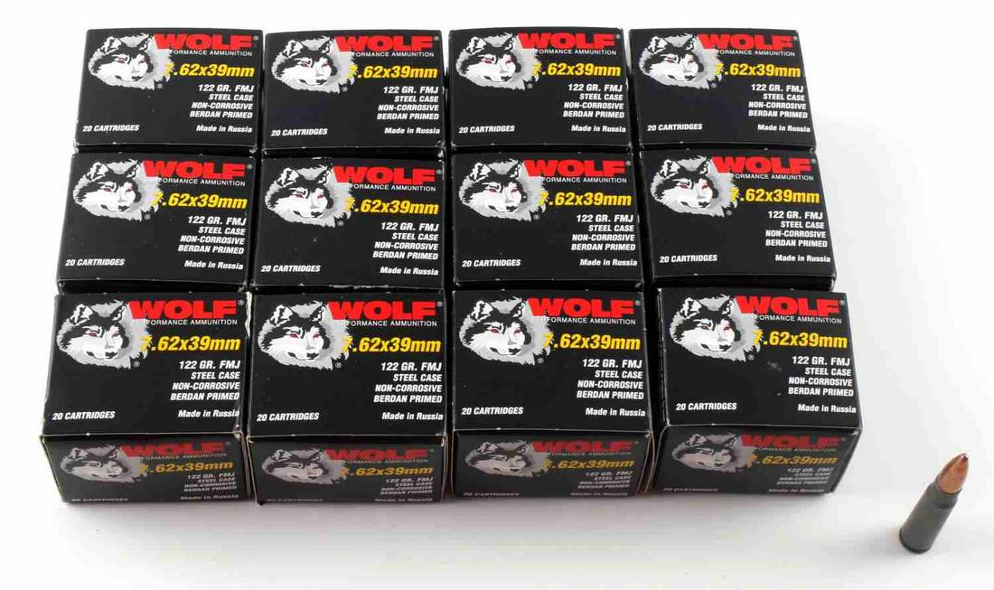240 RDS WOLF 7.62 X 39 MM NEW IN BOX AMMO RUSSIAN: 12 boxes of 20 rds each, 7.62 X 39 mm, 122 grain, FMJ steel rounds.