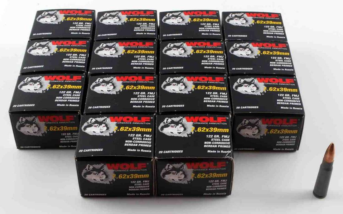 280 RDS WOLF 7.62 X 39 MM NEW IN BOX AMMO RUSSIAN: 14 boxes of 20 rds each, 7.62 X 39 mm, 122 grain, FMJ steel rounds.