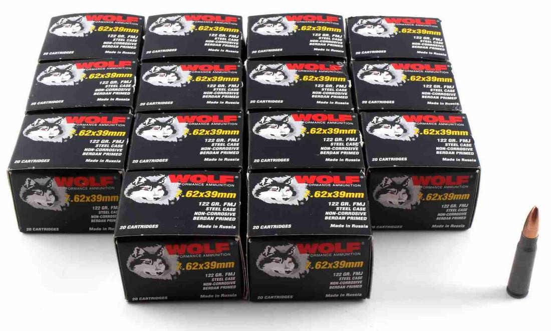 280 RDS WOLF 7.62 X 39 MM NEW IN BOX AMMO RUSSIAN: 14 boxes of 20 rds each of Wolf 7.62 X 39 mm ammo, new in box.