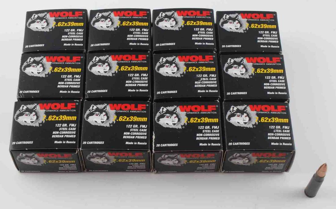 240 RDS WOLF 7.62 X 39 MM NEW IN BOX AMMO RUSSIAN: 12 boxes of 20 rds each, Wolf 7.62 X 39 mm, 122 grain, FMJ, steel rounds.