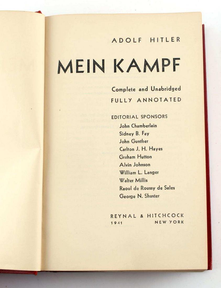 MIEN KAMPF BY ADOLF HITLER TRANSLATED REYNAL & HC: Fully annotated edition of Mien Kampf by Adolf Hitler published by Reynal & Hitchcock by arrangement with Houghton Mifflin Co., New York, 1941, 20th impression, red cloth boards, 1003 pp. In good over